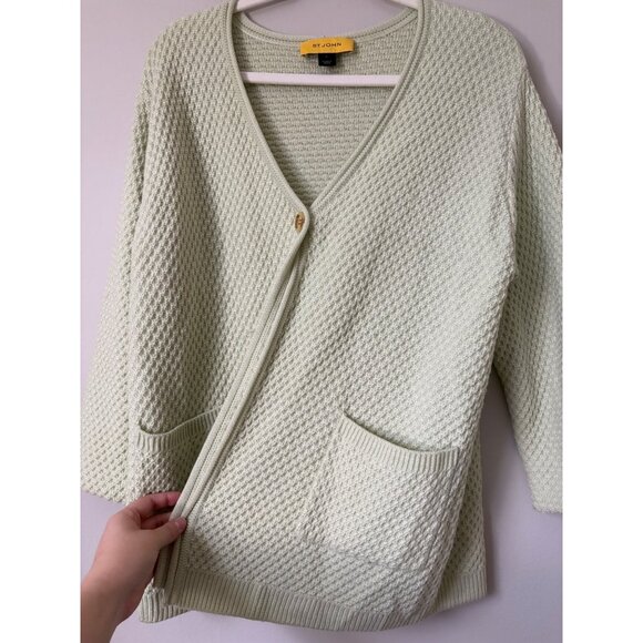St. John Wool Knit Bell-Sleeve Open-Front Pockets Cardigan Sweater Pastel Green - Picture 4 of 14